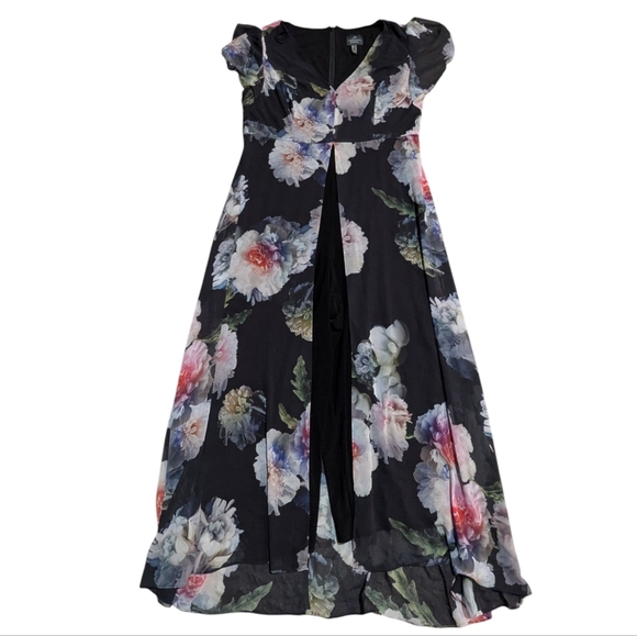 Adrianna Papell Floral Jumpsuit 14 Sheer Skirt Overlay Pink Peonies Preppy Comfy - Picture 2 of 8